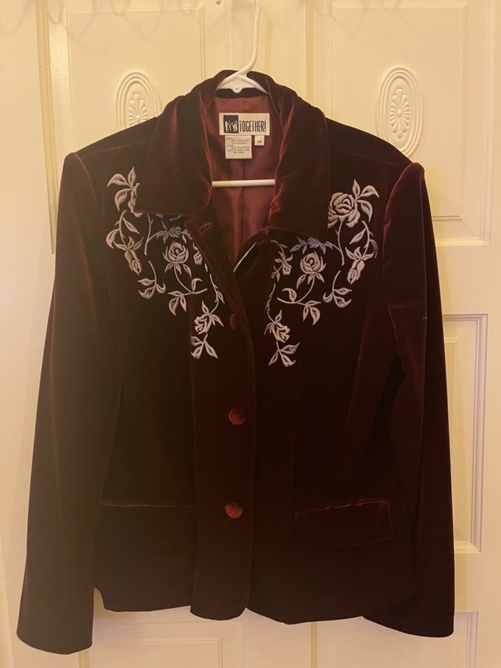 Together Burgundy Velvet Blazer with White Floral Embroidery